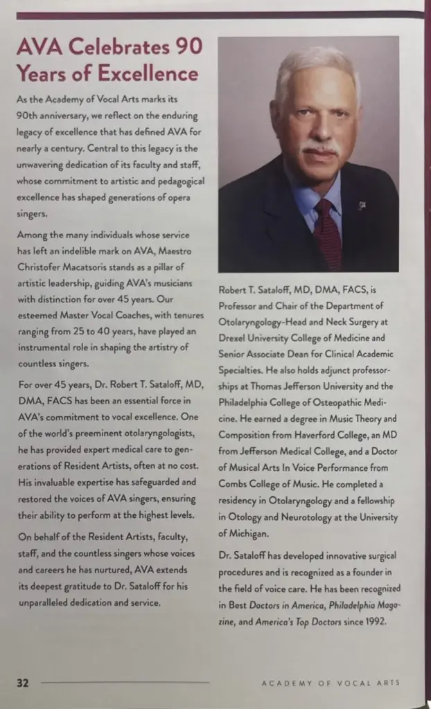 Celebrating Four Decades of Vocal Excellence: Dr. Robert Sataloff Honored at the Academy of Vocal Arts Gala