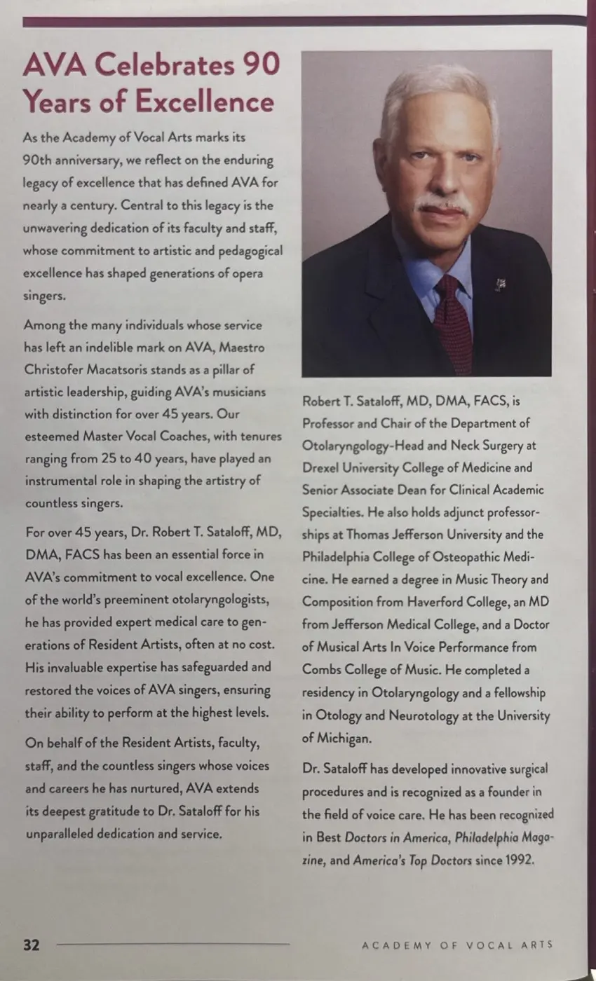 Celebrating Four Decades of Vocal Excellence: Dr. Robert Sataloff Honored at the Academy of Vocal Arts Gala