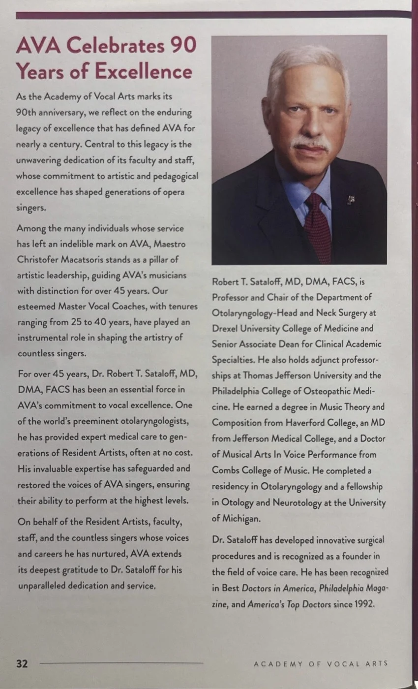 Celebrating Four Decades of Vocal Excellence: Dr. Robert Sataloff Honored at the Academy of Vocal Arts Gala